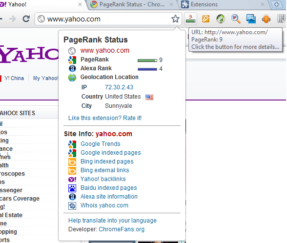 Zrzut ekranu PageRanks Status Extension v4