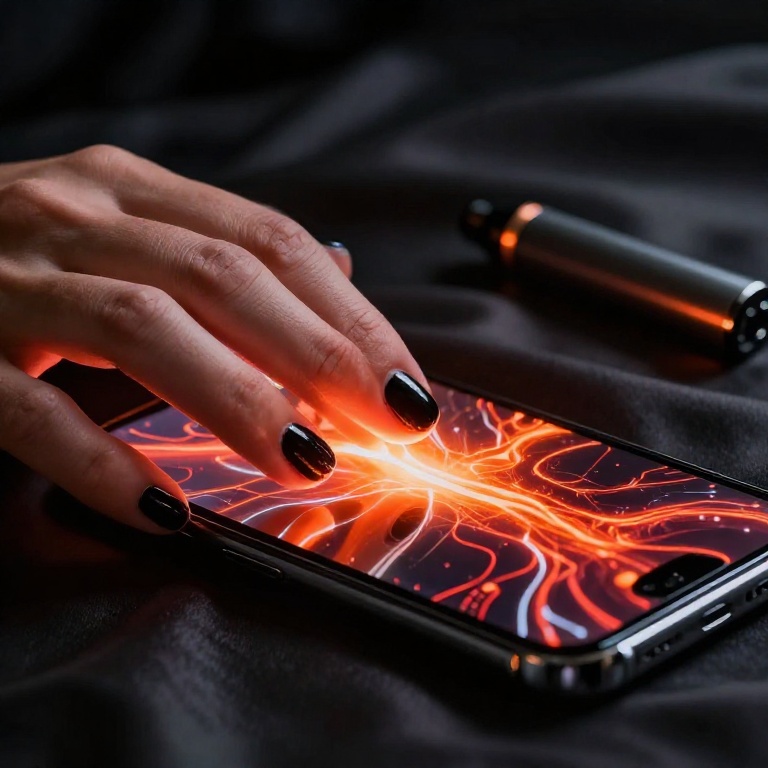 Руки с черным лаком на смартфоне с абстрактной визуализацией энергии TRON — крупный план