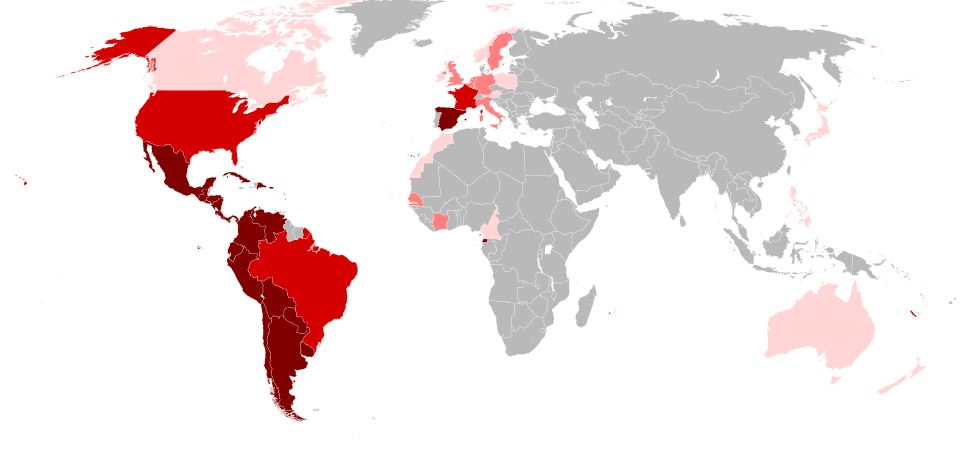 Испанский также широко распространен в Соединенных Штатах, Канаде и многих европейских странах как из-за иммиграции, так и из-за сильного продвижения испаноязычных культур