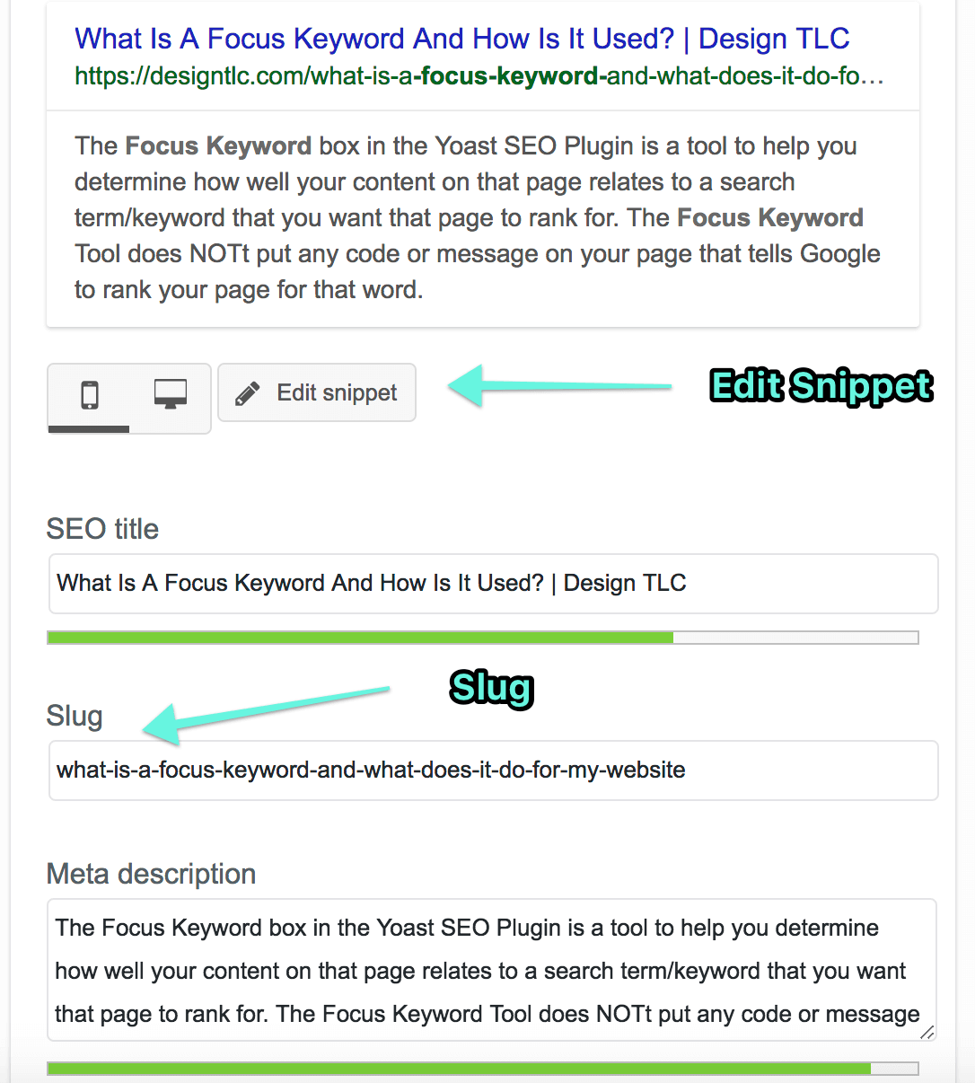 Aby edytować Slug, SEO Title lub Meta Description w wtyczce Yoast, po prostu kliknij przycisk „Edytuj fragment” w edytorze Yoast na dole strony lub postu