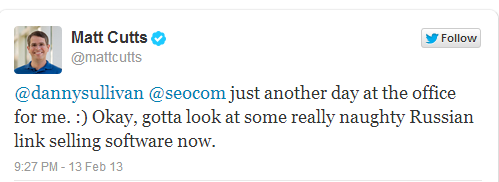 Oto zrzut ekranu tweeta od Matt Cutts - szefa webspamu Google