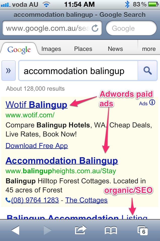 Spójrz na poniższy przykład wyszukiwania „zakwaterowania balingup” na iPhonie