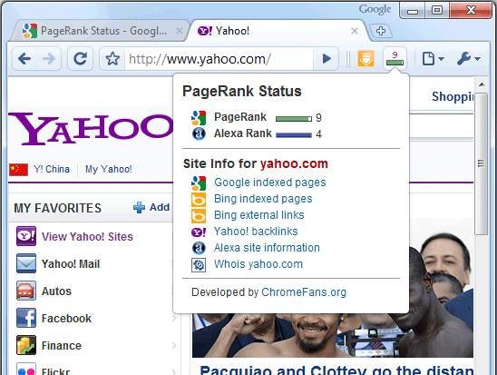Zrzut ekranu PageRanks Status Extension v3